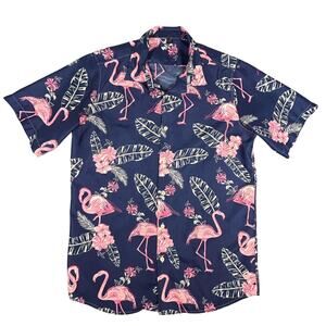 Flamingo Hawaiian Shirt Mens Medium Tropical Floral Button Up Party Summer Casua